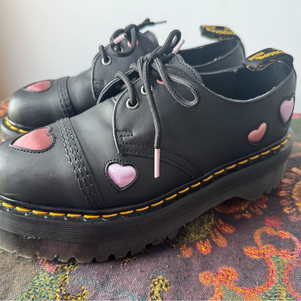 Dr. Martens Black with Pink and Purple Heart Quad Platform Oxfords Leather EUC